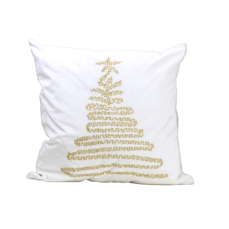 Harkaari Velvet Hand Beaded Oh Christmas Tree Pillow In White