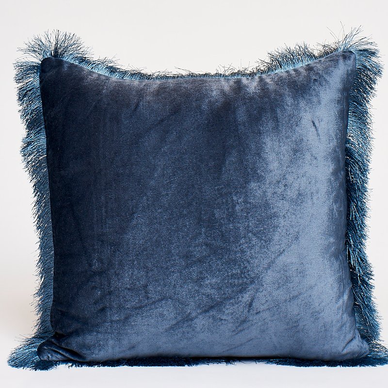 Harkaari Velvet Throw Pillow With Fringe Border In Blue