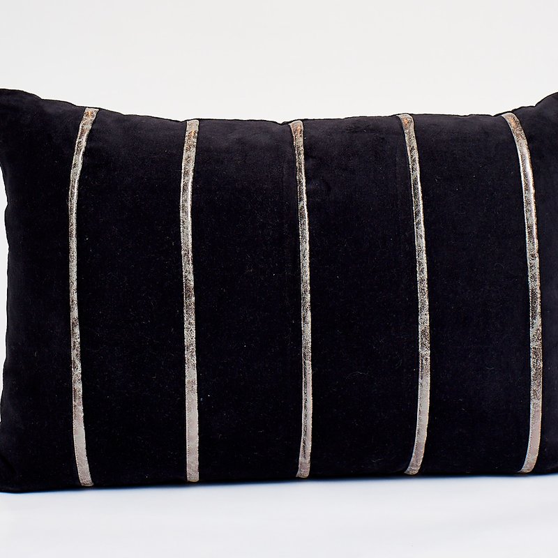 Harkaari Velvet Throw Pillow With Pu Strips In Black