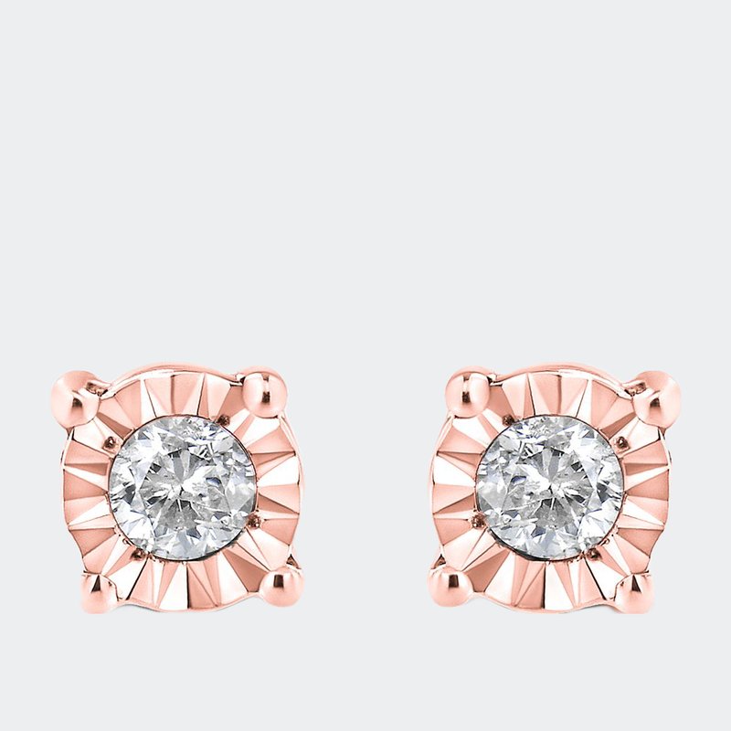 Haus Of Brilliance 10k Rose Gold Plated .925 Sterling Silver 1/10 Cttw Round Brilliant-cut Diamond Miracle-set Stud Ear In Pink
