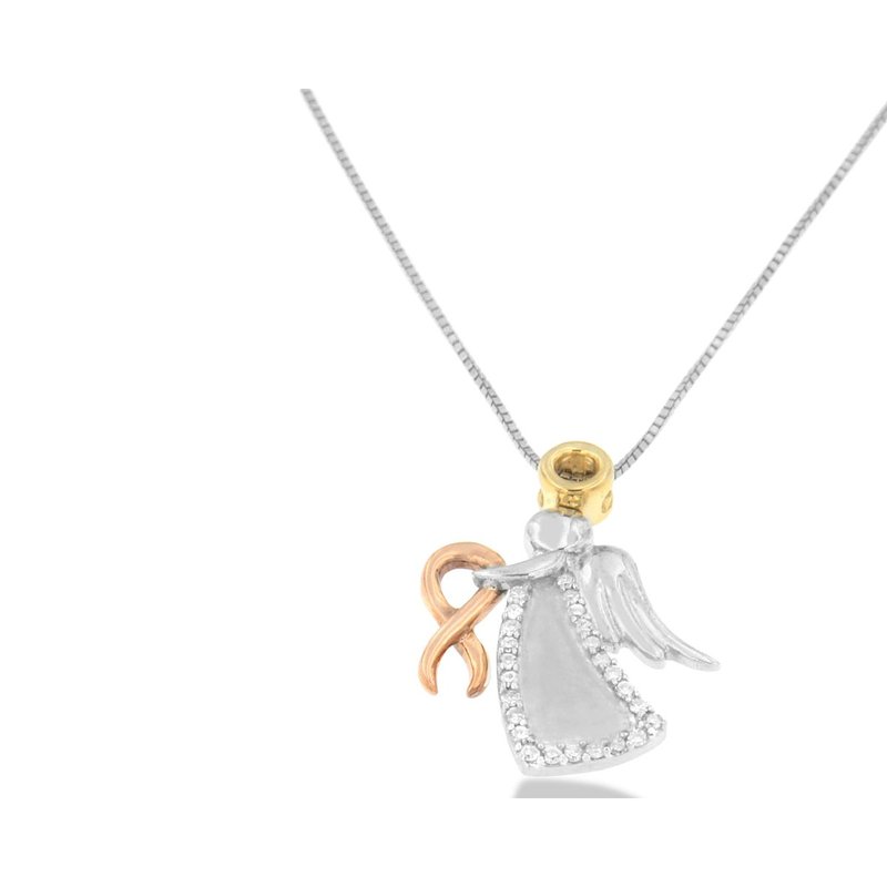 Haus Of Brilliance 10k Tri-color Gold Diamond-accented Angel Awareness Ribbon Pendant Necklace In White