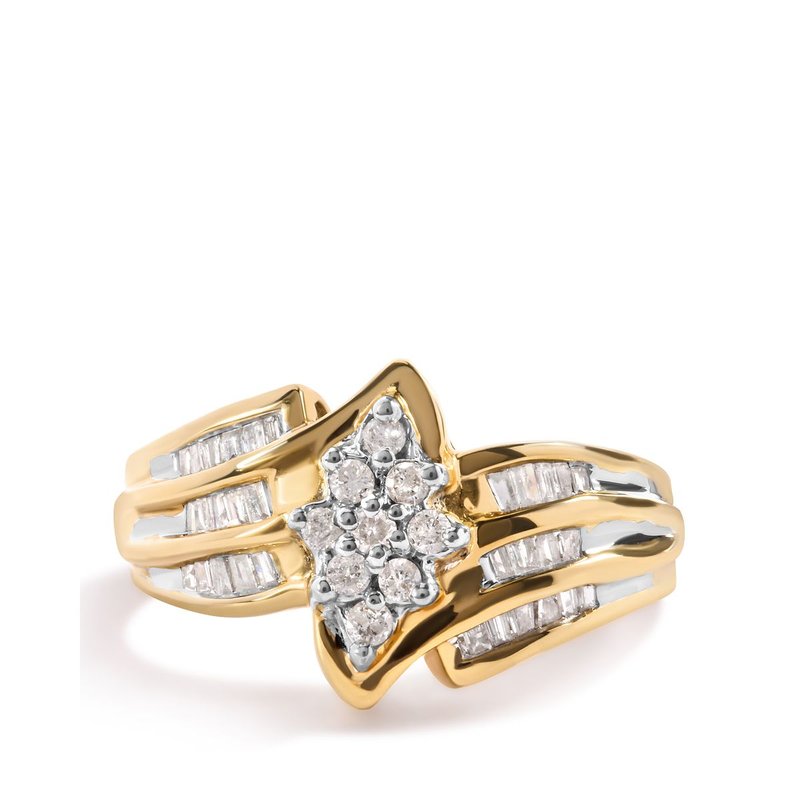 Haus Of Brilliance 10k Yellow Gold 1/2 Cttw Round And Baguette-cut Diamond Cluster Head And Channel Set Shank Ring