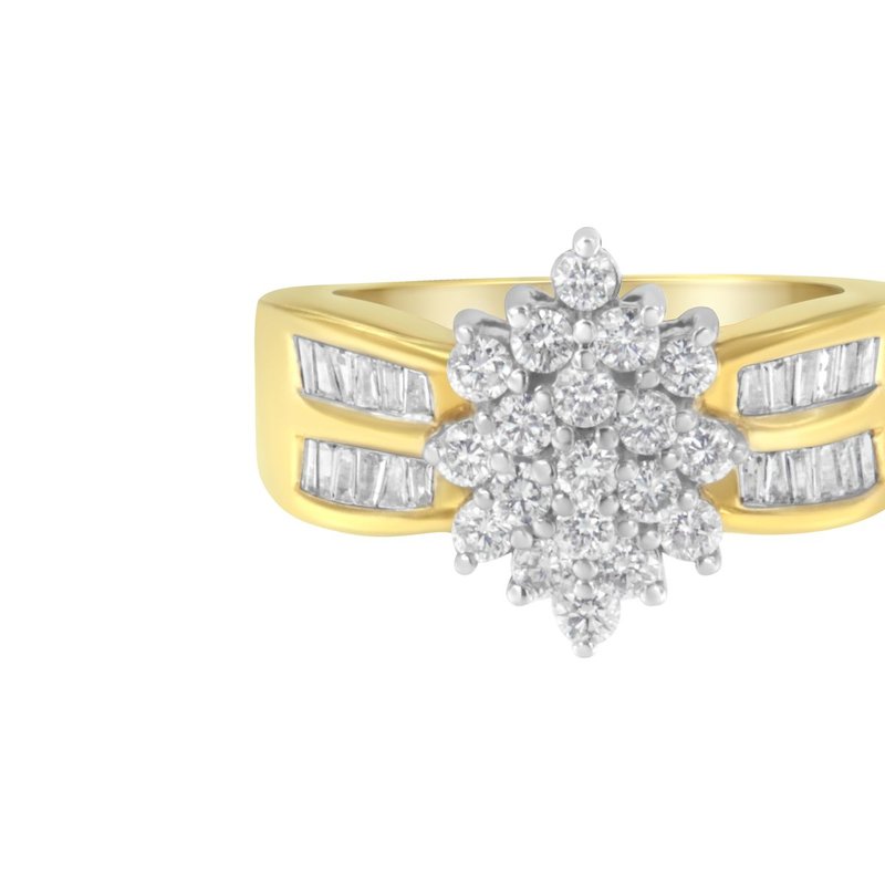 Haus Of Brilliance 10k Yellow Gold 1.0 Cttw Round & Baguette Cut Diamond Floral Cluster Double-channel Flared Band Stat