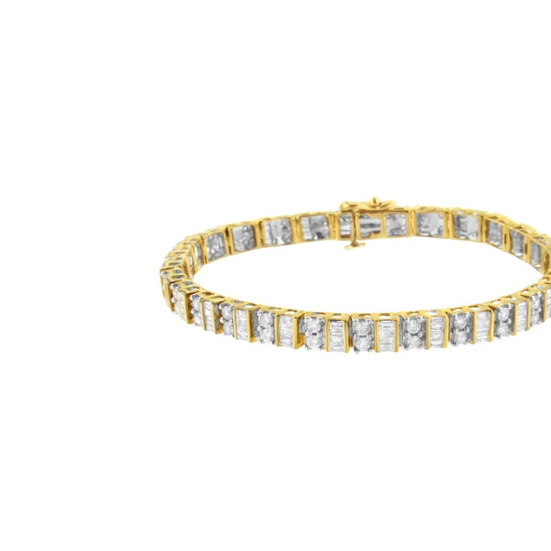 Haus Of Brilliance 10k Yellow Gold 4.0 Cttw Alternating Baguette & Round Cut Diamond Bezel & Prong Set 7" Tennis Bracel