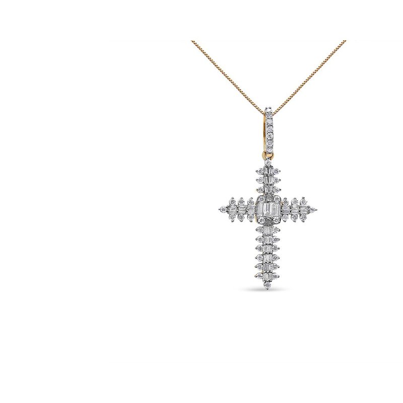 Haus Of Brilliance 10k Yellow Gold 7/8 Cttw Round & Baguette Diamond Zigzag Pattern Cross Pendant Necklace