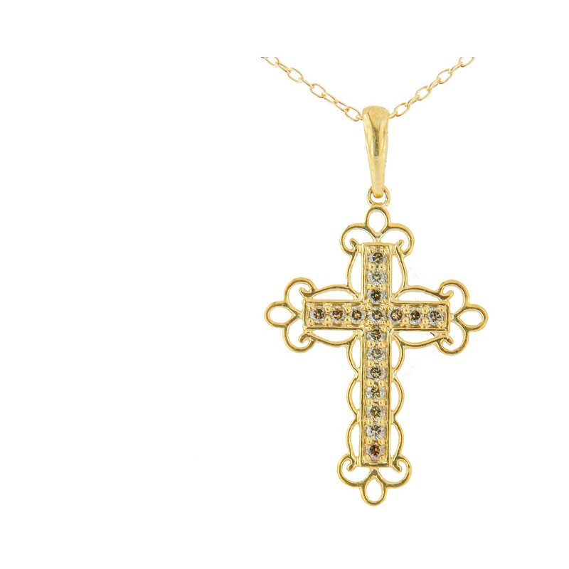 Haus Of Brilliance 10k Yellow Gold Flashed .925 Sterling Silver 1/4 Cttw Champagne Diamond Cross Pendant Necklace