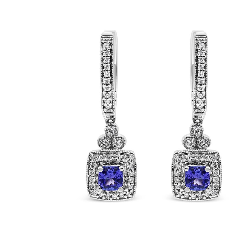 Haus Of Brilliance 14k White Gold 4x4 Mm Cushion Shaped Blue Tanzanite And 1/3 Cttw Diamond Halo 1" Inch Drop And Dangl