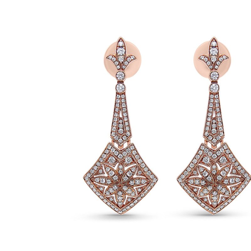 Haus Of Brilliance 18k Rose Gold 1 1/3 Cttw Diamond Studded Fleur De Lis Trellis Style Drop And Dangle Earring In Pink