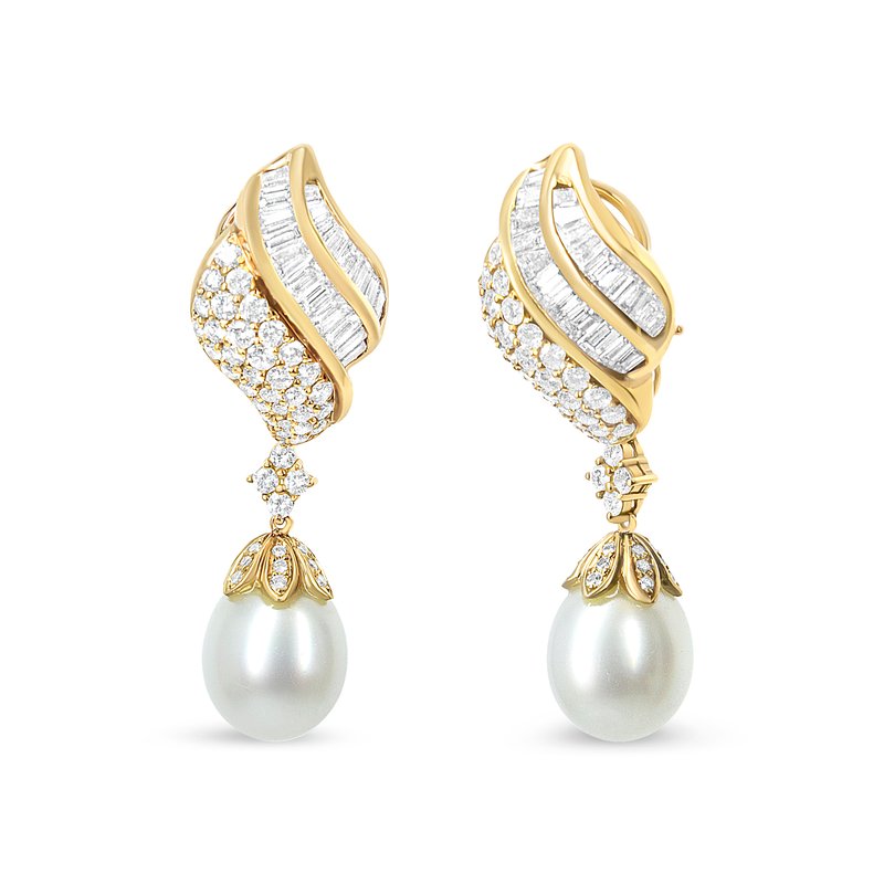 Haus Of Brilliance 18k Yellow Gold 7.0 Cttw Baguette And Round Diamond South Sea Pearl Drop Dangle C