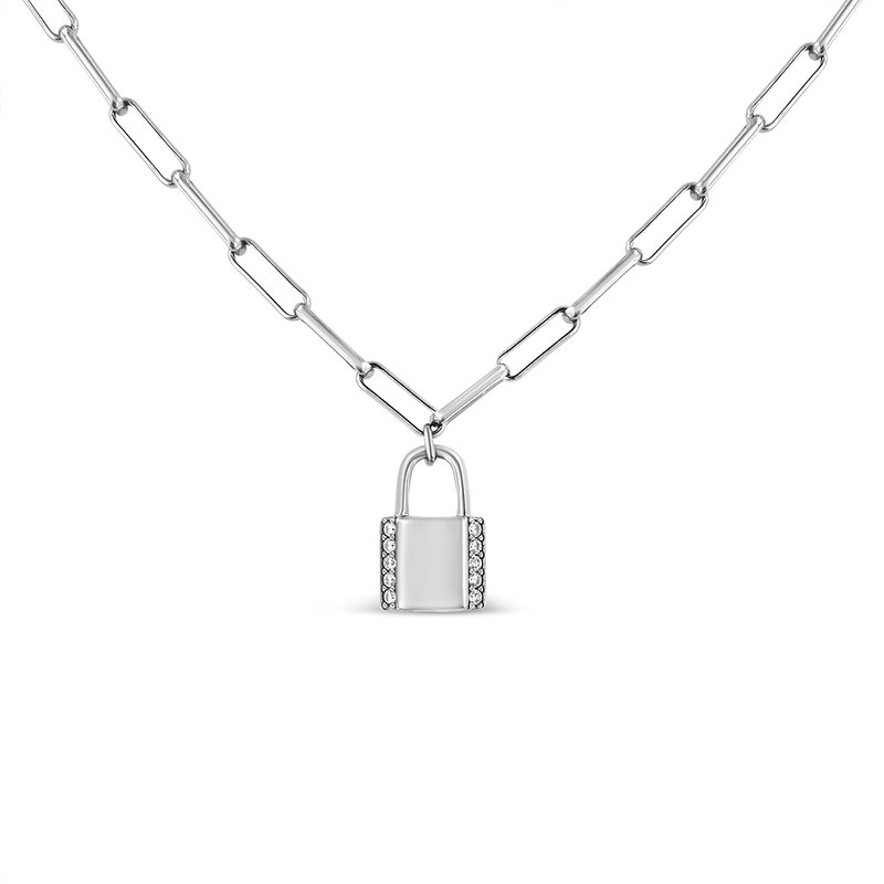 Haus Of Brilliance .925 Sterling Silver 1/10 Cttw Round Diamond Lock Pendant 16" Paperclip Chin Necklace (h-i Color, Si In Grey