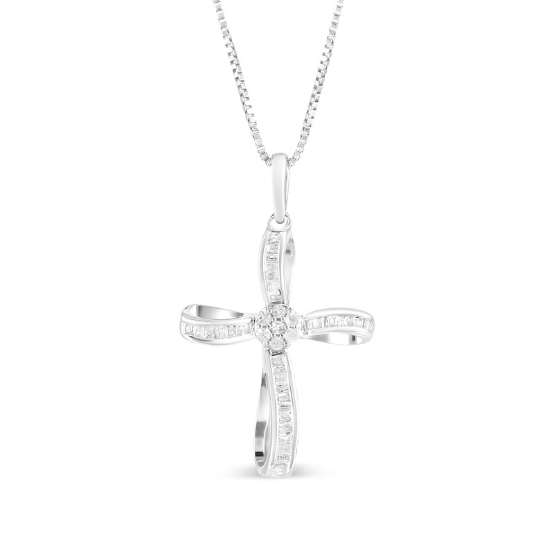 Haus Of Brilliance .925 Sterling Silver 1/4 Cttw Diamond Floral Cluster Cross Pendant Necklace In White