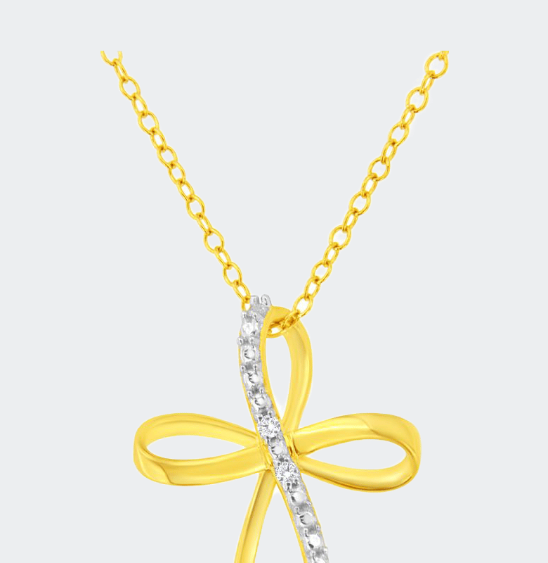 Haus Of Brilliance .925 Sterling Silver Diamond Accent Cross Ribbon 18" Pendant Necklace In Gold