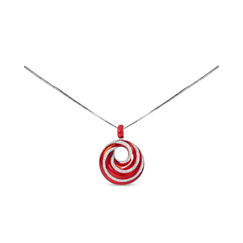 Haus Of Brilliance .925 Sterling Silver Red Enamel And 1/2 Diamond Endless Swirl Medallion 18" Pendant Necklace