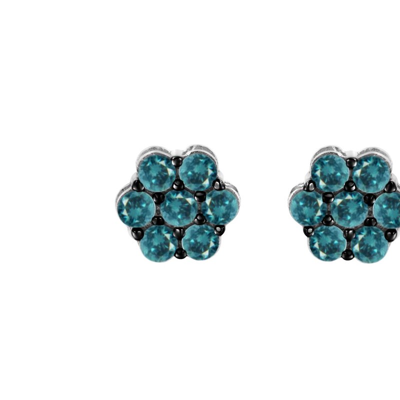 Haus Of Brilliance Sterling Silver Treated Blue Diamond Floral Stud Earrings In Grey