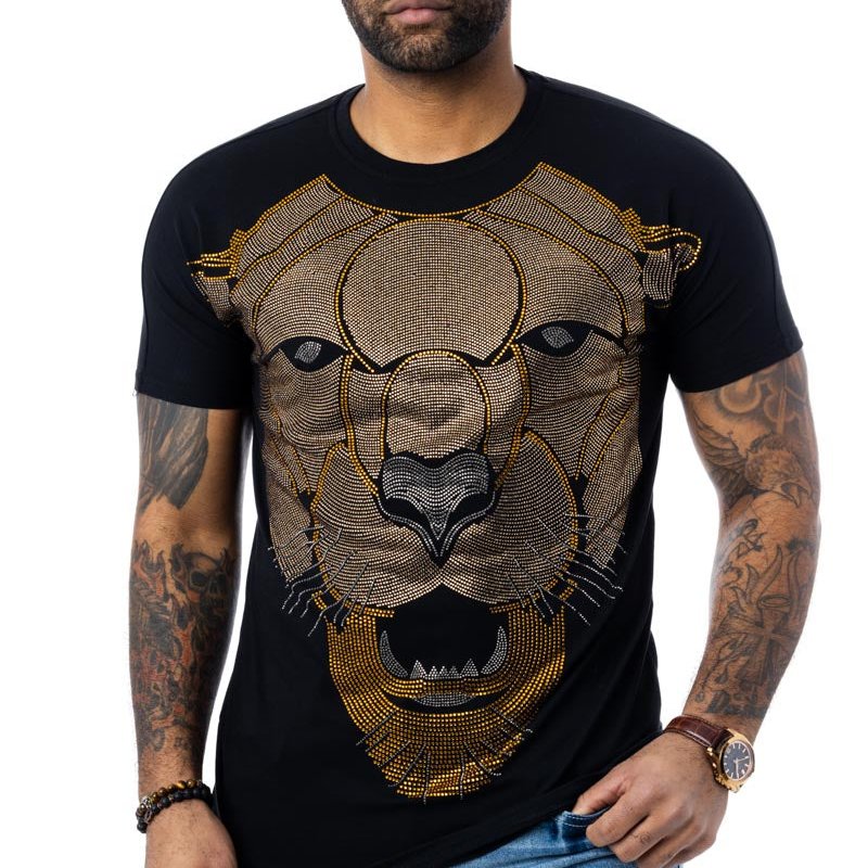 Shop Heads Or Tails Rhinestone Studded Graphic Printed T-shirt Cougar Face In Black