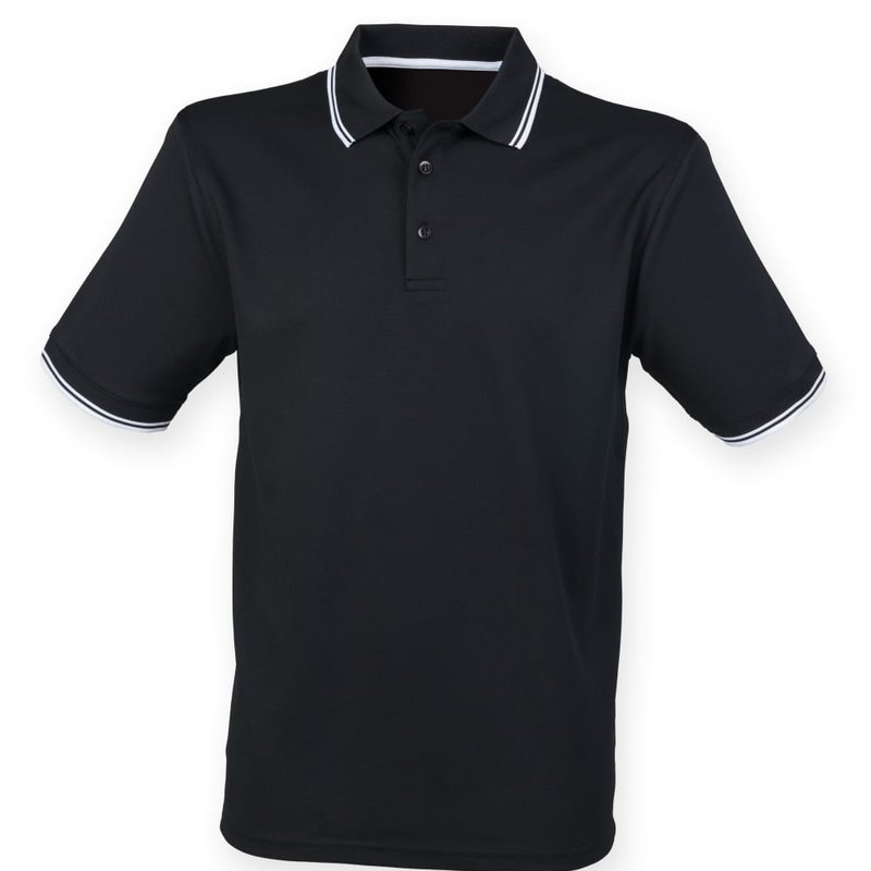 Henbury Mens Coolplus Moisture Wicking Short Sleeve Polo Shirt (black/white)