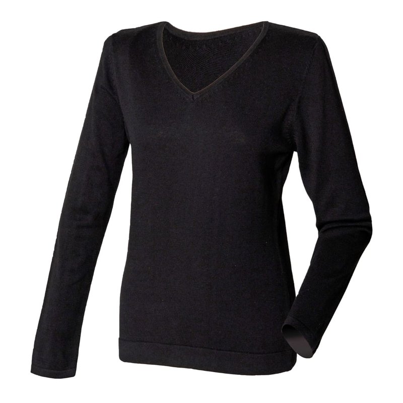 Henbury Womens/ladies 12 Gauge Fine Knit V-neck Jumper / Sweatshirt (black)