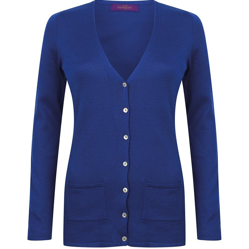 Henbury Ladies/womens V-neck Button Fine Knit Cardigan In Blue
