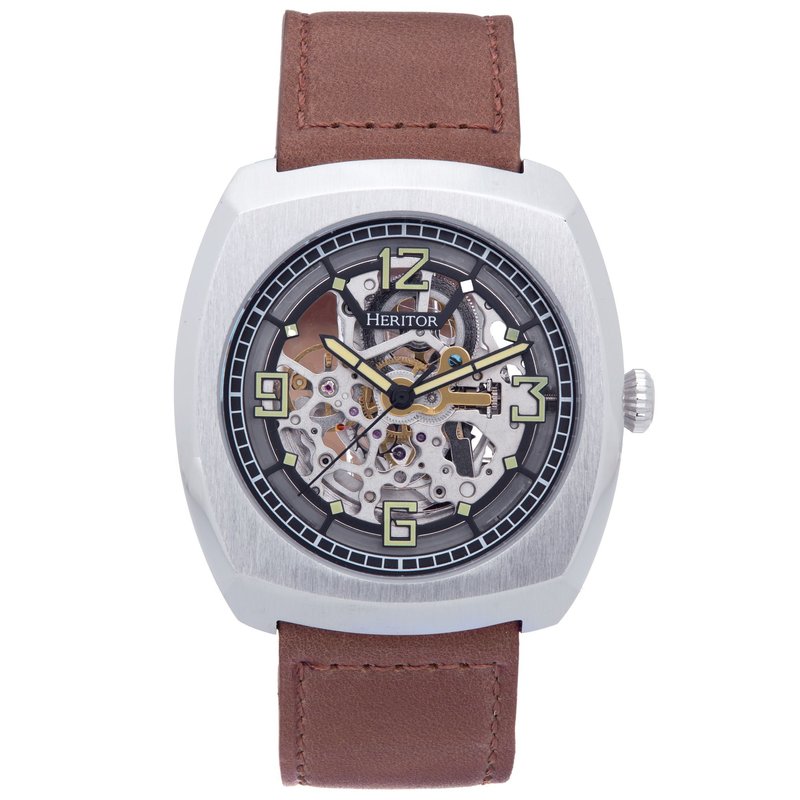 Heritor Automatic Gatling Skeletonized Leather-band Watch In Grey