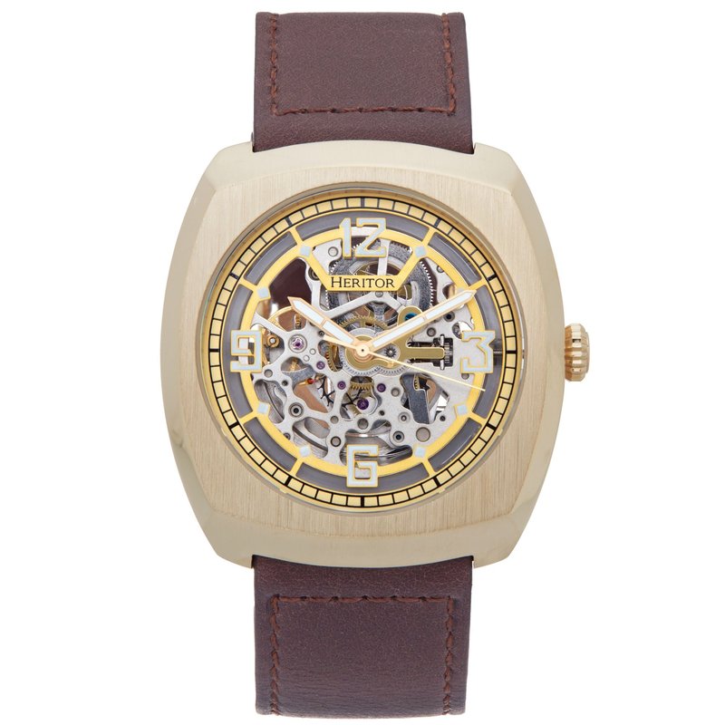 Heritor Automatic Gatling Skeletonized Leather-band Watch In Brown