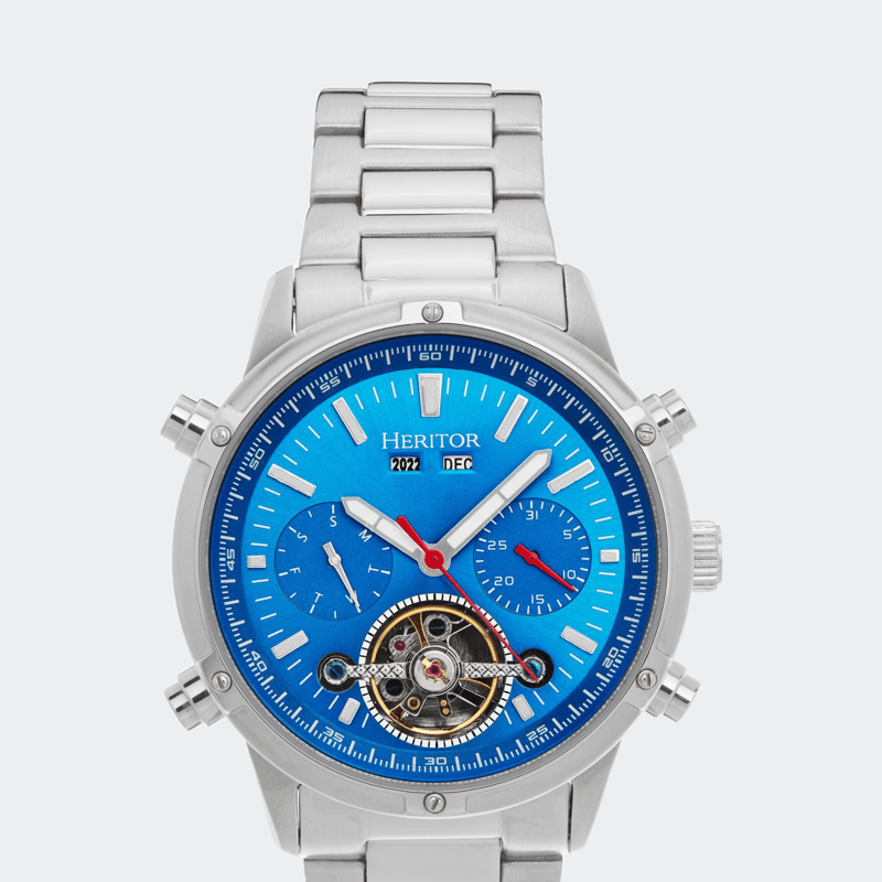 Heritor Automatic Wilhelm Semi-skeleton Bracelet Watch Week/day/date In Blue