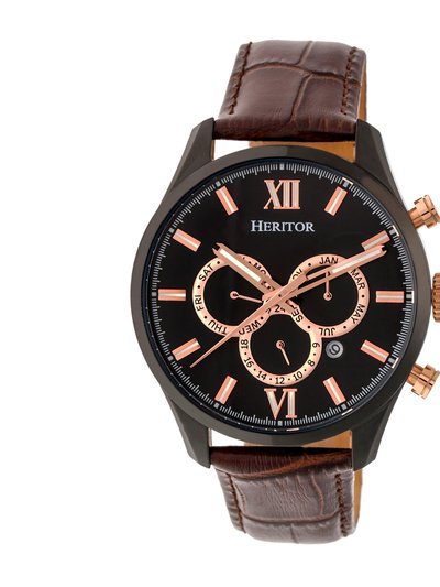 Heritor Watches Benedict Leather-Band Watch With Day/Date - Black/Dark Brown product