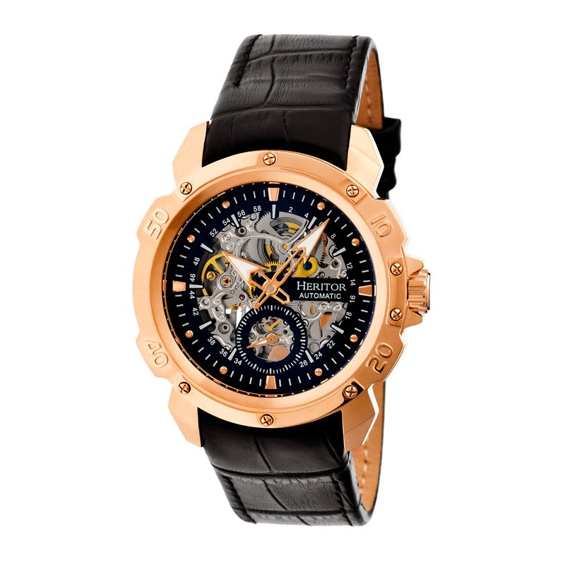 Heritor Automatic Conrad Skeleton Leather-band Watch In Black
