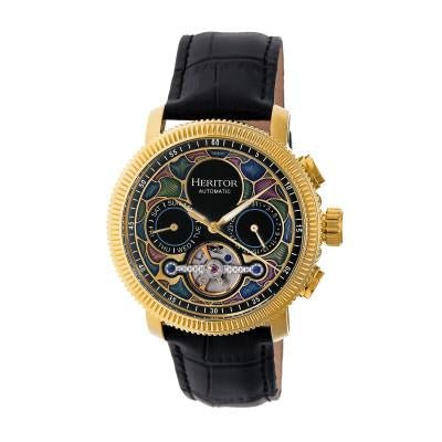 Heritor Automatic Aura Men's Semi-skeleton Leather-band Watch In Black