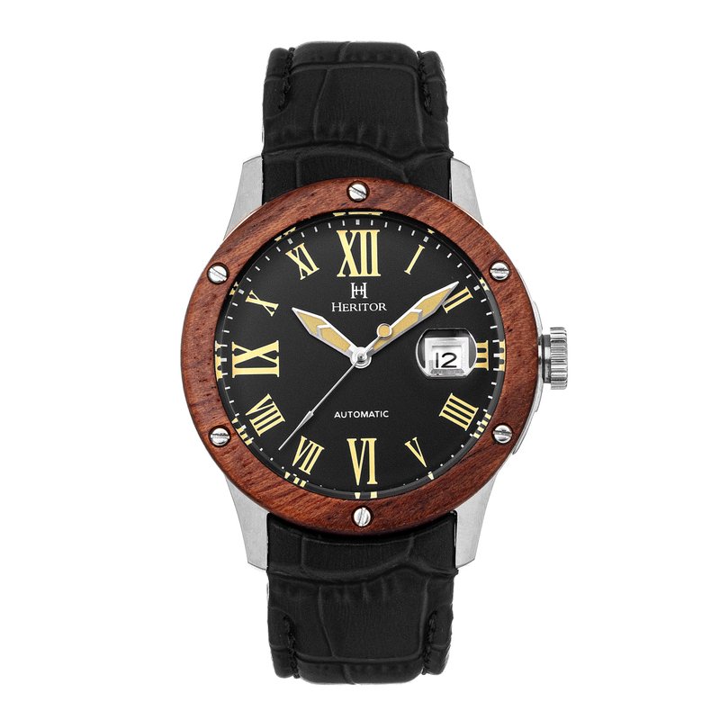 Heritor Automatic Everest Wooden Bezel Leather Band Watch /date In Black