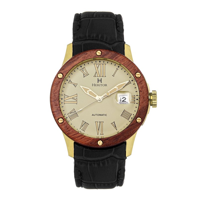 Heritor Automatic Everest Wooden Bezel Leather Band Watch /date In Gold