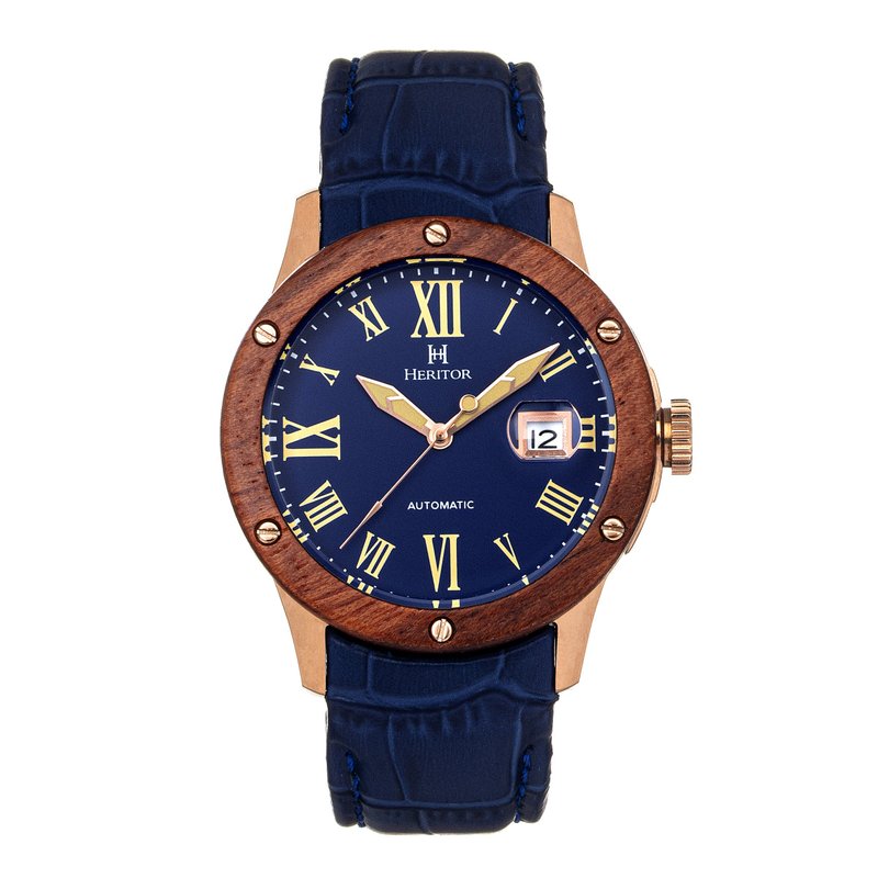 Heritor Automatic Everest Wooden Bezel Leather Band Watch /date In Blue