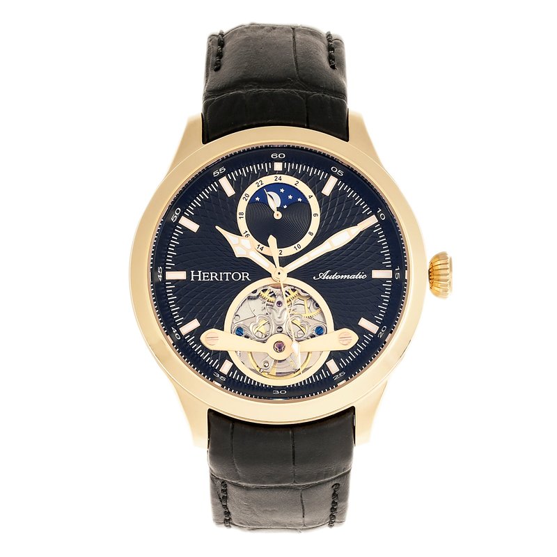 Heritor Automatic Gregory Semi-skeleton Leather-band Watch In Black