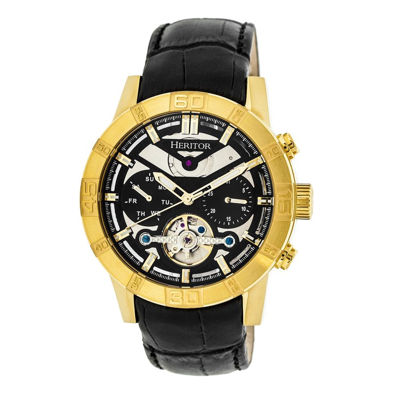 Heritor Watches Heritor Automatic Hannibal Semi-skeleton Leather-band Watch In Black