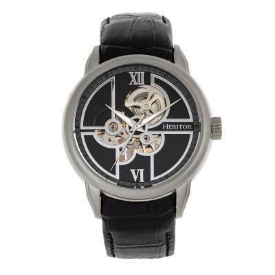 Shop Heritor Automatic Sanford Semi-skeleton Leather-band Watch In Black
