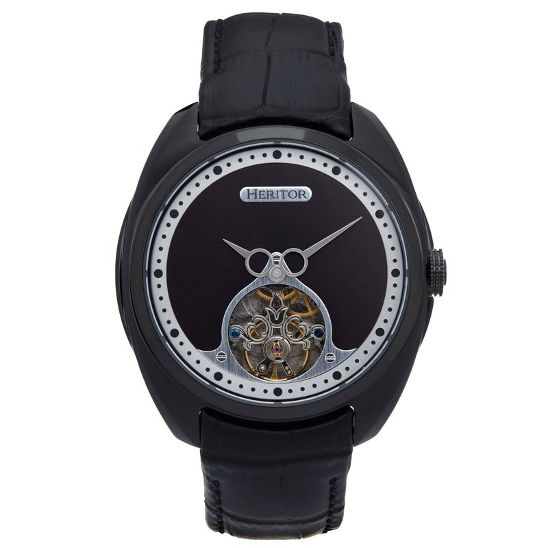 Heritor Automatic Roman Semi-skeleton Leather Band Watch In Black