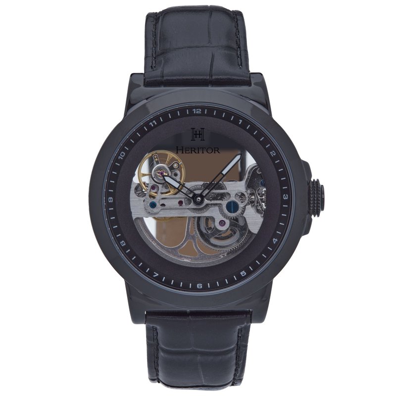 Heritor Watches Xander Semi Skeleton Leather Band Watch In Black