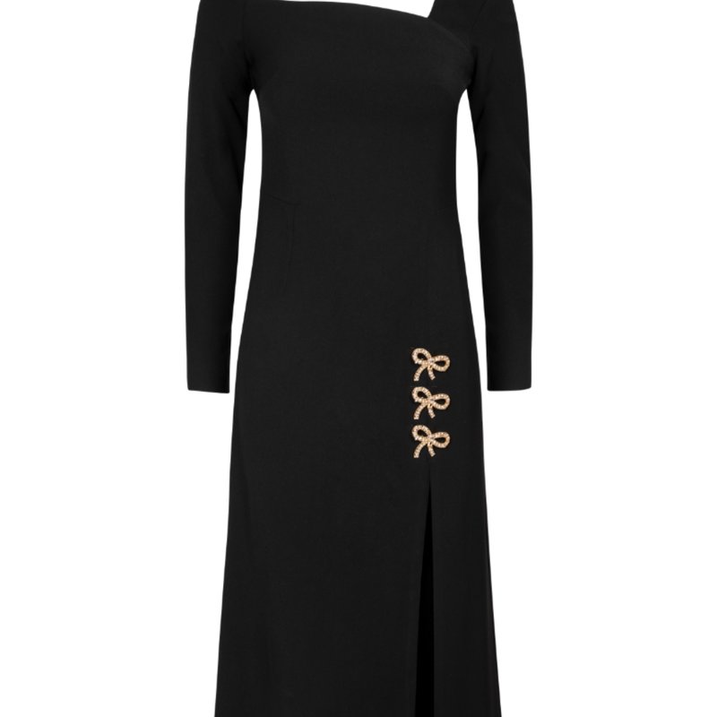 Hervanr Beau Asymmetric Crepe Maxi Dress With Bows In Black