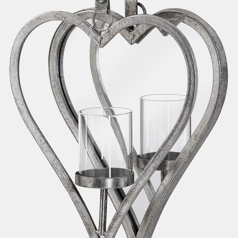 Hill Interiors Small Antique Silver Mirrored Heart Candle Holder In Grey