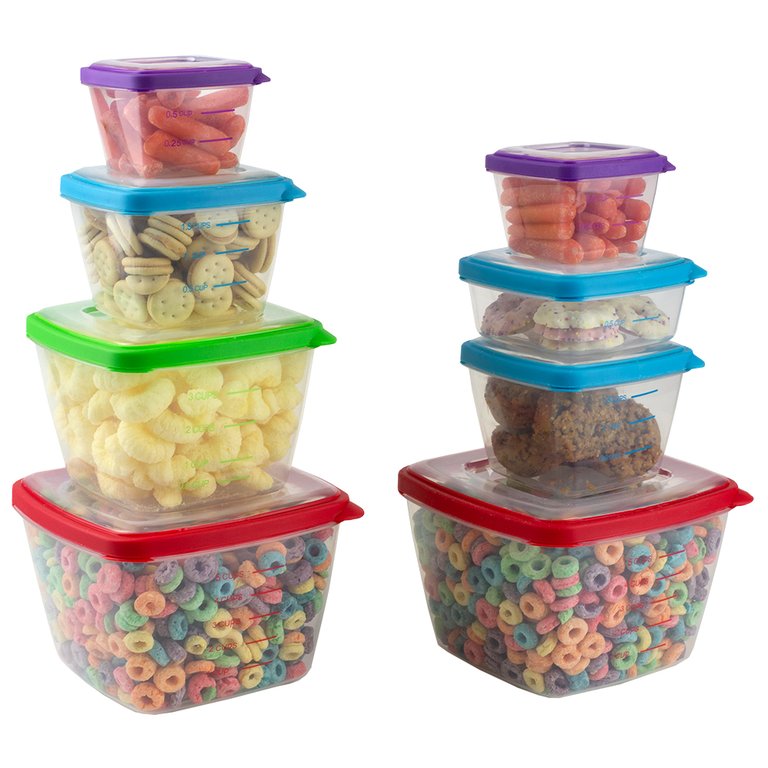 16 Piece Nesting Plastic Food Storage Container Set with Multi Color Snap On Lids