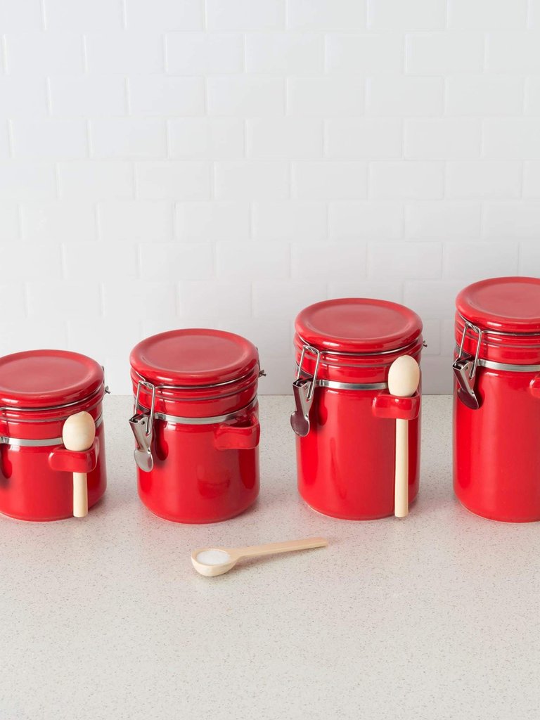 4 Piece Ceramic Canister Set with Wooden Spoons, Red