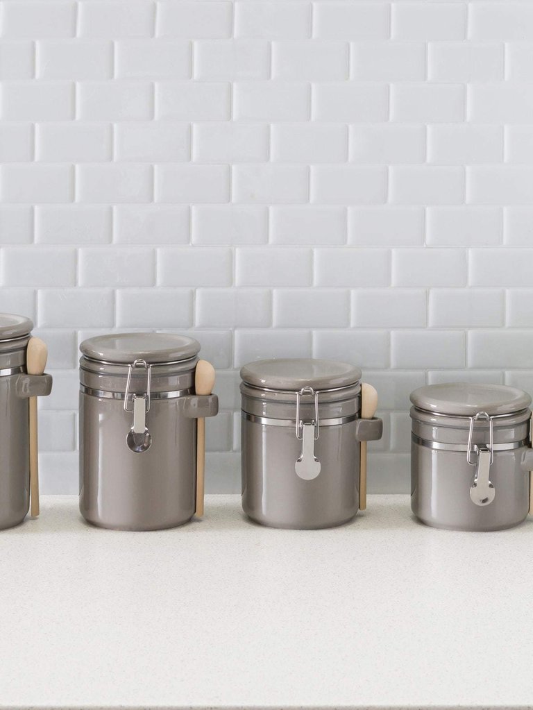 4 Piece Ceramic Canisters with Easy Open Air-Tight Clamp Top Lid and Wooden Spoons, Grey