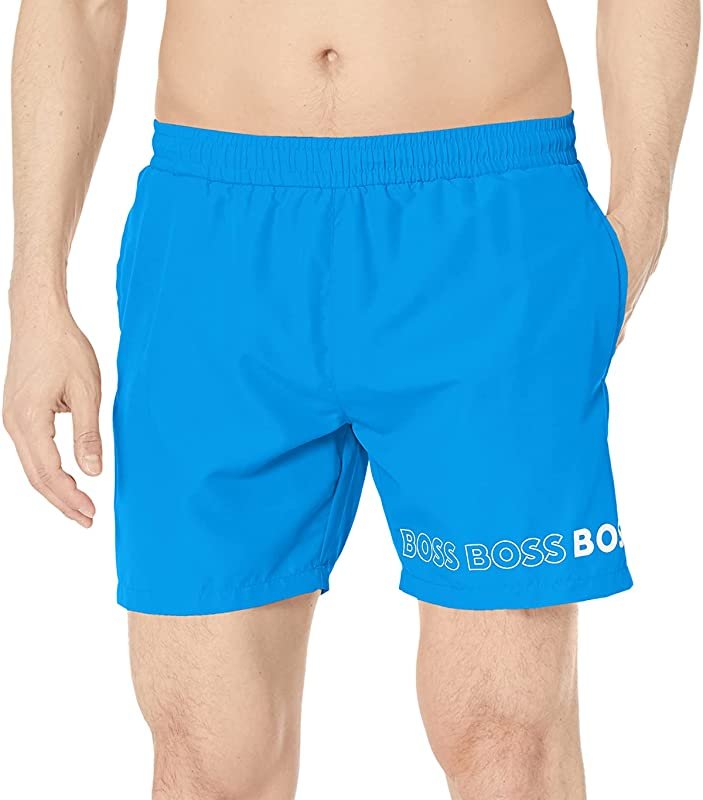 Shop Hugo Boss Men Swim Trunk Shorts Standard Vertical Logo Brilliant Blue Dolphin