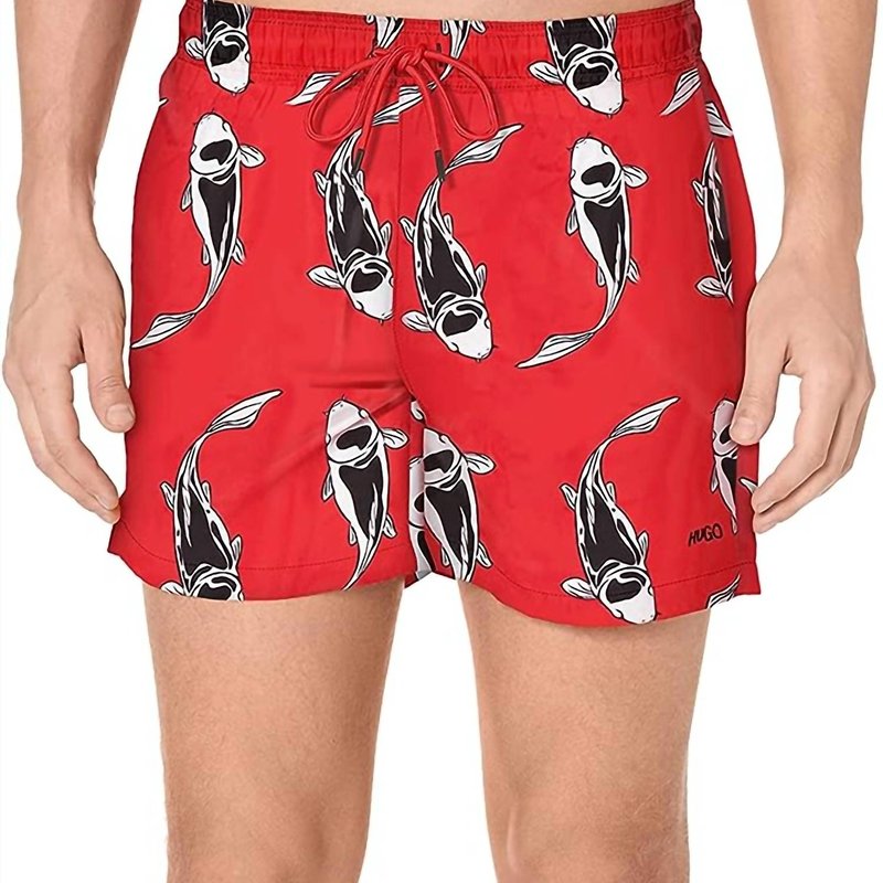 Shop Hugo Boss Men's Fish Animal Print Drawstrings Waist Swim Shorts In Red