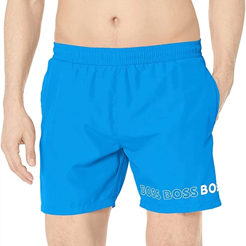 Shop Hugo Boss Men's Standard Vertical Logo Swim Trunk In Blue