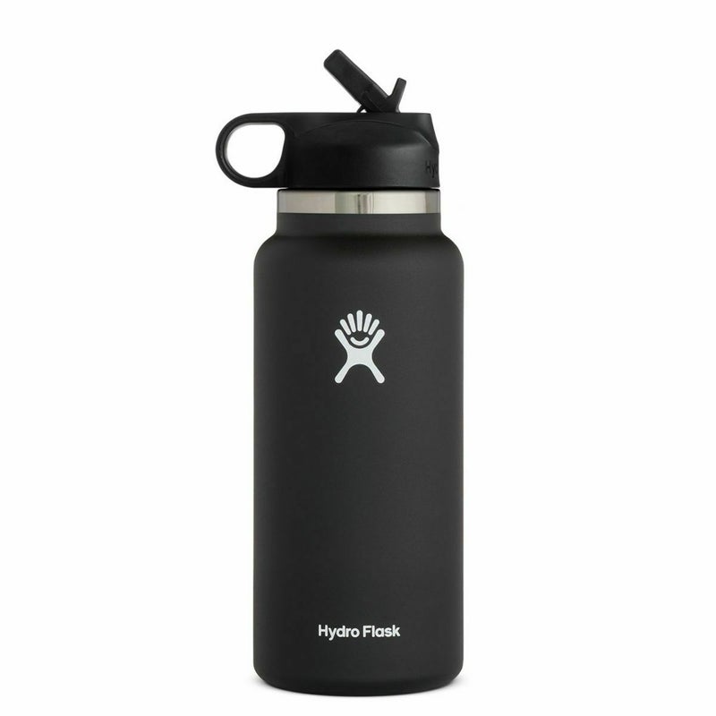 Hydro Flask Vacuum Insulated Stainless Steel Water Bottle Wide Mouth With Straw Lid 40 oz In Black