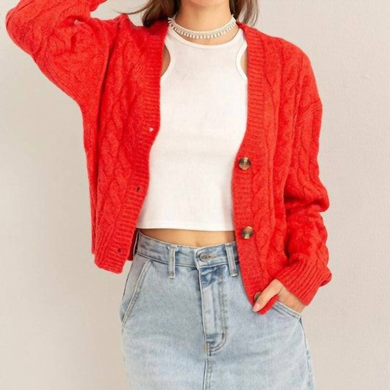 Shop Hyfve Cable Knit Cardigan Sweater In Red