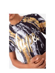 Boys Marble Foil Script T-Shirt - Black/Gold