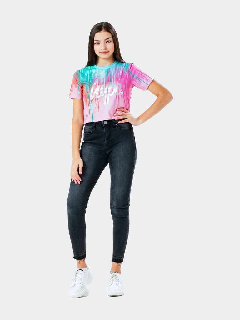 Girls Drips Crop T-Shirt - Mint/Pink/Orange