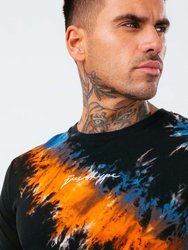 Mens Bohemian Tie Dye T-Shirt (Black/Blue/Orange) - Black/Blue/Orange