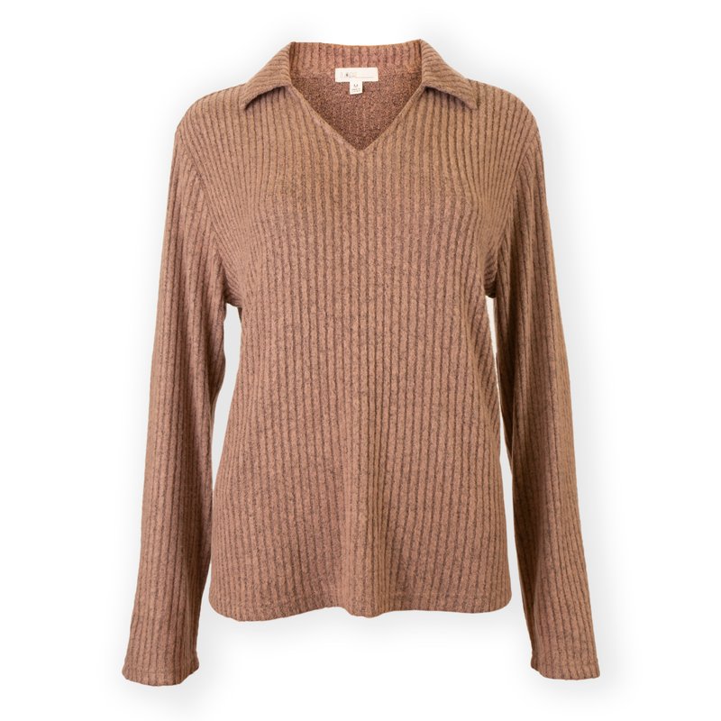 I Am By Studio 51 Notch Neck Long Sleeve Sweater In Brown